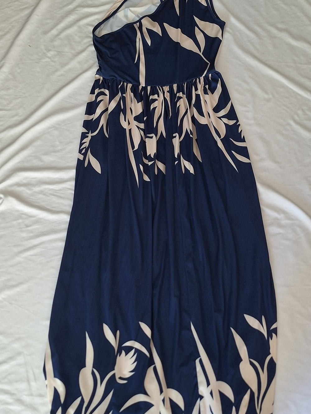 Shein One Shoulder Oblique Neck Floral Print Slit Helm Long Dress Navy &Cream L - Picture 4 of 11